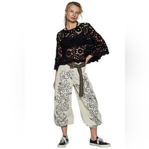 POL Black Crochet Knit Round Neck 3/4 Bell Sleeve Top